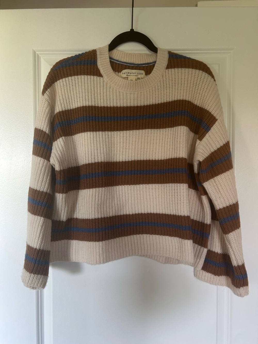 saltwater LUXE Cream Sweater with Brown and Blue Stripes